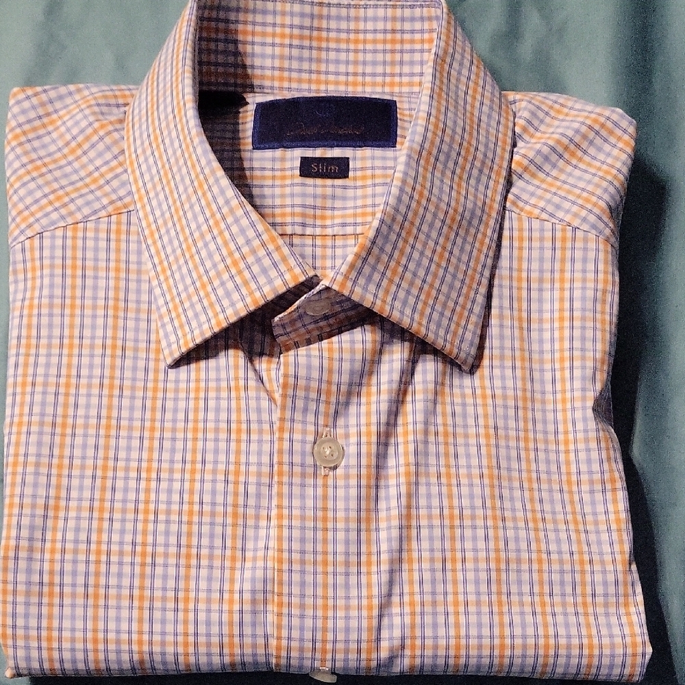 David Donahue Men's Casual Checkered Shirt - Blue and Orange Size 17 34/35 NWOT